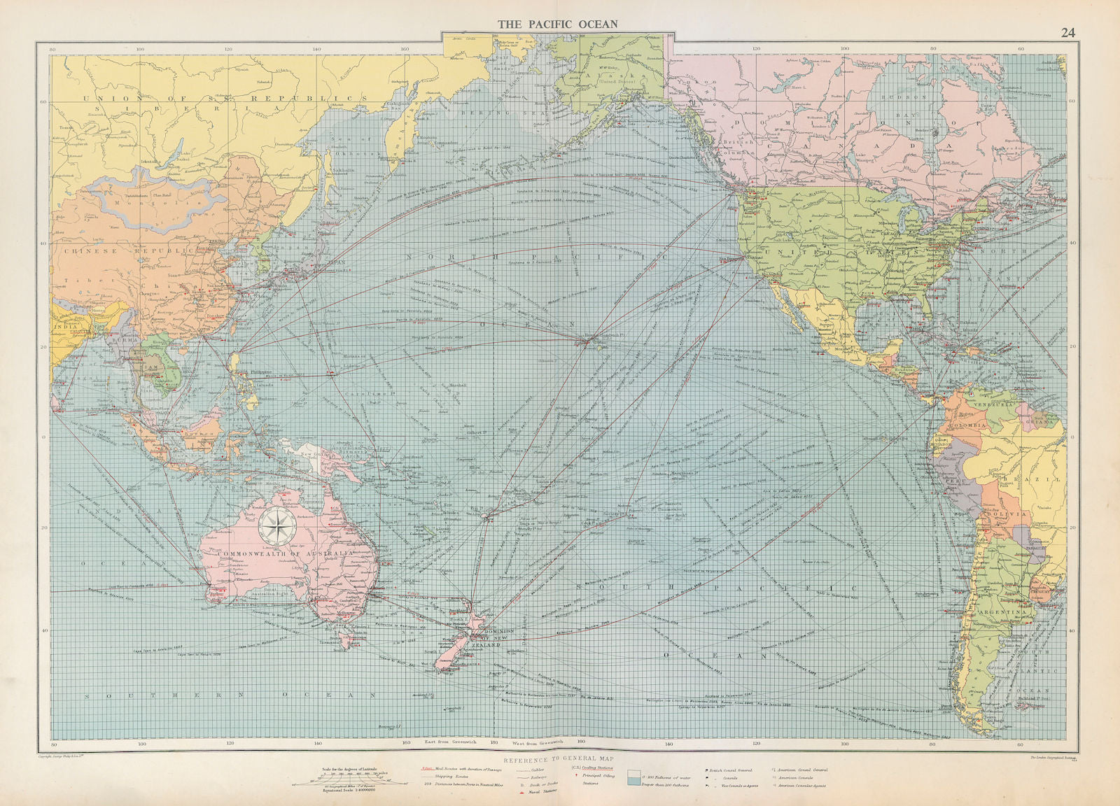 Pacific Ocean sea chart. Ports lighthouses mail routes dockyards LARGE 1952 map